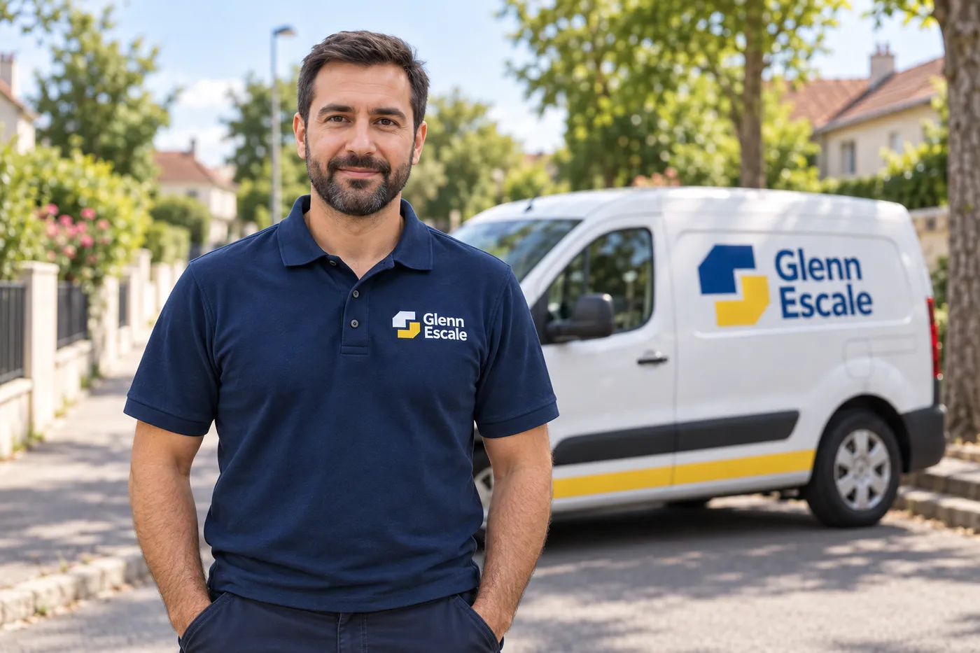 Plombier Glenn Escale devant sa camionnette d'intervention dans une rue du Val-de-Marne
